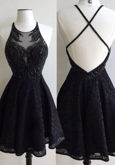 Glamorous Jewel Short Black Lace Homecoming Dress with Beading Backless Criss-Cross Straps