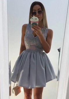 A-Line V-Neck Sleeveless Short Grey Stretch Satin Homecoming Dress with Appliques