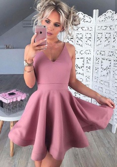 A-Line V-Neck Sleeveless Short Blush Satin Homecoming Dress