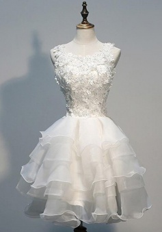 Ball Gown Jewel Short White Tiered Organza Homecoming Dress with Appliques