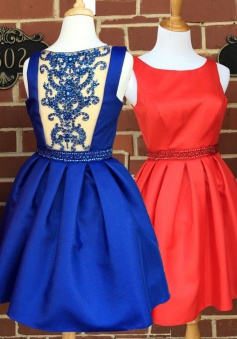 A-line Scoop Short Satin See Through Back Red/Royal Blue Homecoming Dress with Beading