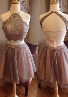 Fashion Two Piece Halter Short Grey Backless Homecoming Dress Beading Appliques