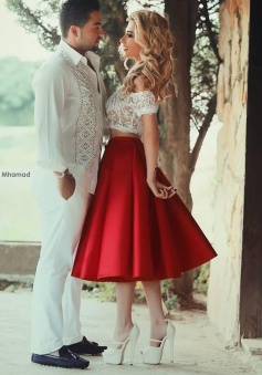 Two Piece Off-the-Shoulder Mid-Calf Red Satin Homecoming Dress with Lace