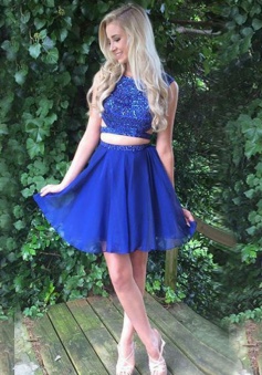 Two Piece Bateau Open Back Short Royal Blue Homecoming Dress with Beading