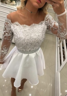 A-Line Illusion Scoop Long Sleeves White Homecoming Dress with Lace Beading