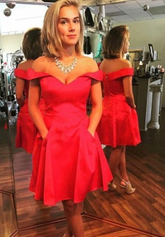 A-Line Off-the-Shoulder Short Red Satin Homecoming Dress with Pockets