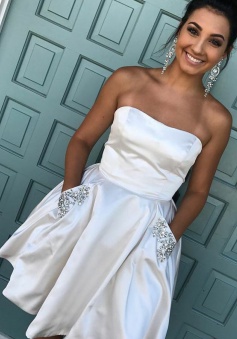 A-Line Strapless Short White Satin Homecoming Dress with Beading Pockets