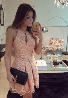 A-Line Jewel Short Sleeveless Keyhole Pink Lace Homecoming Dress