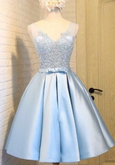 A-Line V-Neck Short Backless Blue Satin Homecoming Dress with Appliques