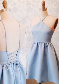 A-Line Halter Above-Knee Lace-Up Blue Stretch Satin Homecoming Dress