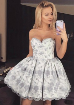Ball Gown Sweetheart Short Light Grey Lace Homecoming Dress