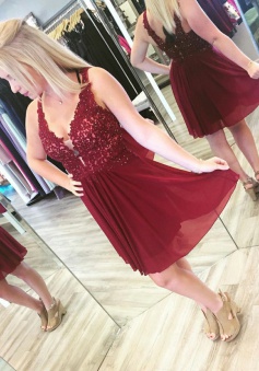 A-Line Deep V-Neck Short Maroon Homecoming Dress with Beading Appliques