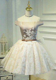 Ball Gown Off-the-Shoulder Short Ivory Lace Homecoming Dress with Appliques