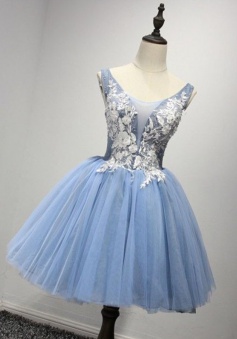 Ball Gown Scoop Short Blue Tulle Homecoming Dress with Appliques