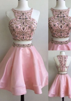 Stunning Two Piece Bateau Sleeveless Short Pink Homecoming Dress with Beading