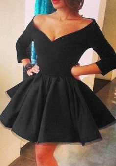 A-line V-neck 3/4 sleeves Short Little Black Homecoming/Cocktail Party Dress