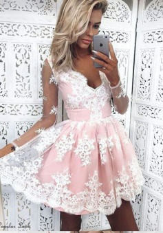 A-Line V-Neck Long Sleeves Short Pink Tulle Homecoming Dress with Appliques