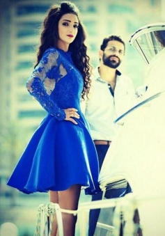 A-Line Jewel Long Sleeves Short  Royal Blue Satin Homecoming Dress with Appliques