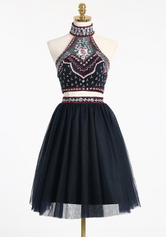 Two-Piece High Neck Short Tulle Navy Blue Homecoming Dress with Embroidery