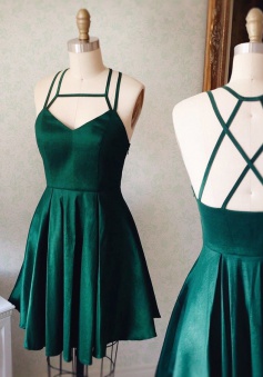 A-Line Halter Short Keyhole Criss-Cross Straps Dark Green Stretch Satin Homecoming Dress