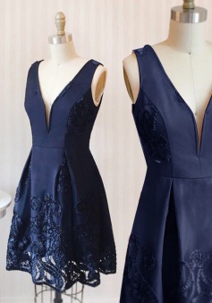 A-Line Deep V-Neck Short Navy Blue Satin Homecoming Dress with Appliques