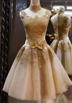 Elegant High Neck Gold Tulle Knee-Length Homecoming Dress with Appliques Bowknot