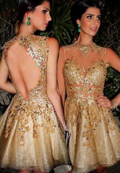 Gorgeous A-line Scoop Tulle Gold Open Back Short Homecoming Dress with Appliques