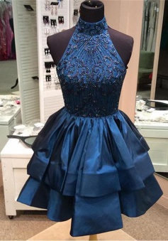 A-line High Neck Above-knee Beaded Dark Blue Backless Short Homecoming Party Dress