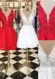 Stylish V-neck Sleeveless White Lace Short Homecoming Dress Beaded