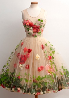 A-Line Scoop Knee-Length Open Back Champagne Tulle Homecoming Dress with Red Flowers