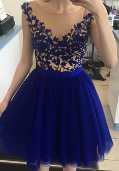 Bateau Cap-Sleeve Above-knee Royal Blue Homecoming Dress with Appliques and Beading