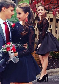 Hot Sale Long Sleeves Open Back Dark Navy Homecoming Dress with Lace Beading Waist
