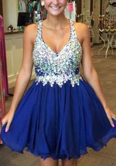 New Arrival V-neck Short Royal Blue Homecoming Dress with Beading