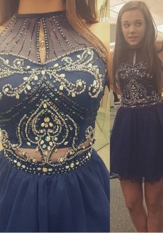 A-line High Neck Sleeveless Beaded Navy Blue Mini Chiffon Cocktail Homecoming Dress