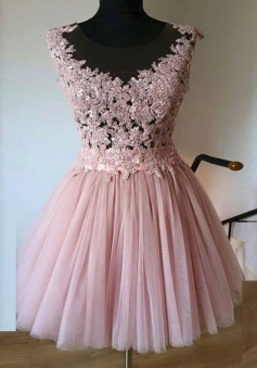 A-Line Bateau Short Pink Tulle Homecoming Dress with Appliques