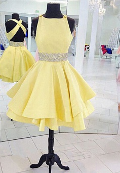 A-line Crew Satin Criss-Cross Straps Backless Yellow Short Homecoming Dress