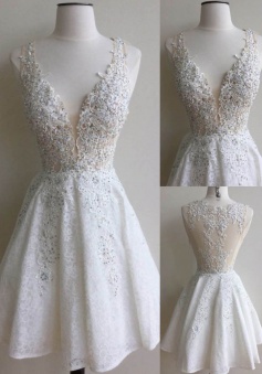 Elegant Deep V-neck Illusion Back Knee-Length Ivory Lace Homecoming Dress with Appliques Beading