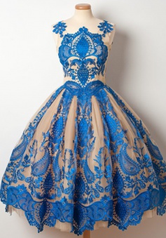 A-Line Jewel Tea-Length Champagne Tulle Homecoming Dress with Royal Blue Appliques