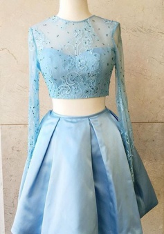 Two Piece Long Sleeves Shrt Satin Blue Homecoming Dress with Beading Lace