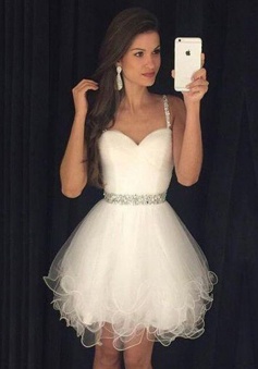 A-Line Straps Short White Tulle Homecoming Dress with Beading