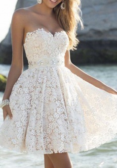 A-Line Sweetheart Short Ivory Lace Homecoming Cocktail Dress