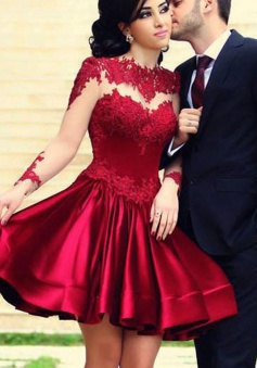 Elegant A-line Crew Long Sleeves Short Dark Red Lace Prom Homecoming Dress