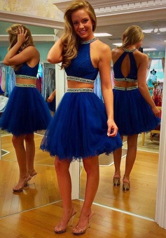 Two Piece Scoop Short Tulle Backless Royal Blue Cocktail Party Prom Homecoming Dress with Beaded
