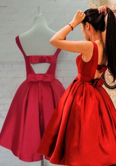 Bateau A-line Knee-Length Red Homecoming Dresses with Bowknot