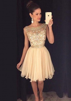 A-line Bateau Cap Sleeves Tulle Beaded Short Champagne Homecoming Prom Dress