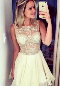 A-line Jewel Above-knee Chiffon Sleeveless Beaded White Short Homecoming Dress