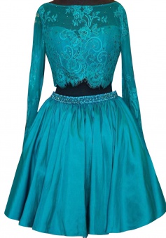 Two Piece Round Neck Knee-Length Satin Long Sleeves Beaded Lace Turquoise Homeocming Dress