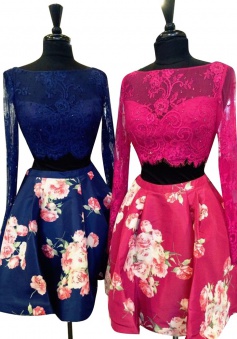 Exquisite Bateau Long Sleeves Short Royal Blue Homecoming Dress with Lace Beading Print Flower