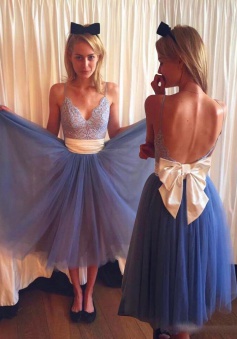 Dramatic V-neck Open Back Tea-Length Blue Homecoming Dress with Lace Beige Bowknot