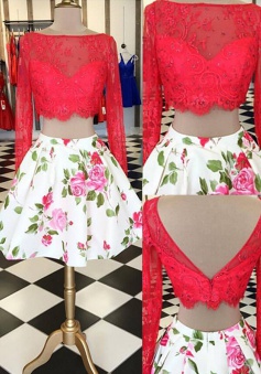 Glamorous Two Piece Open Back Long Sleeves Floral Short Homecoming Dress Beaded Red Lace Top